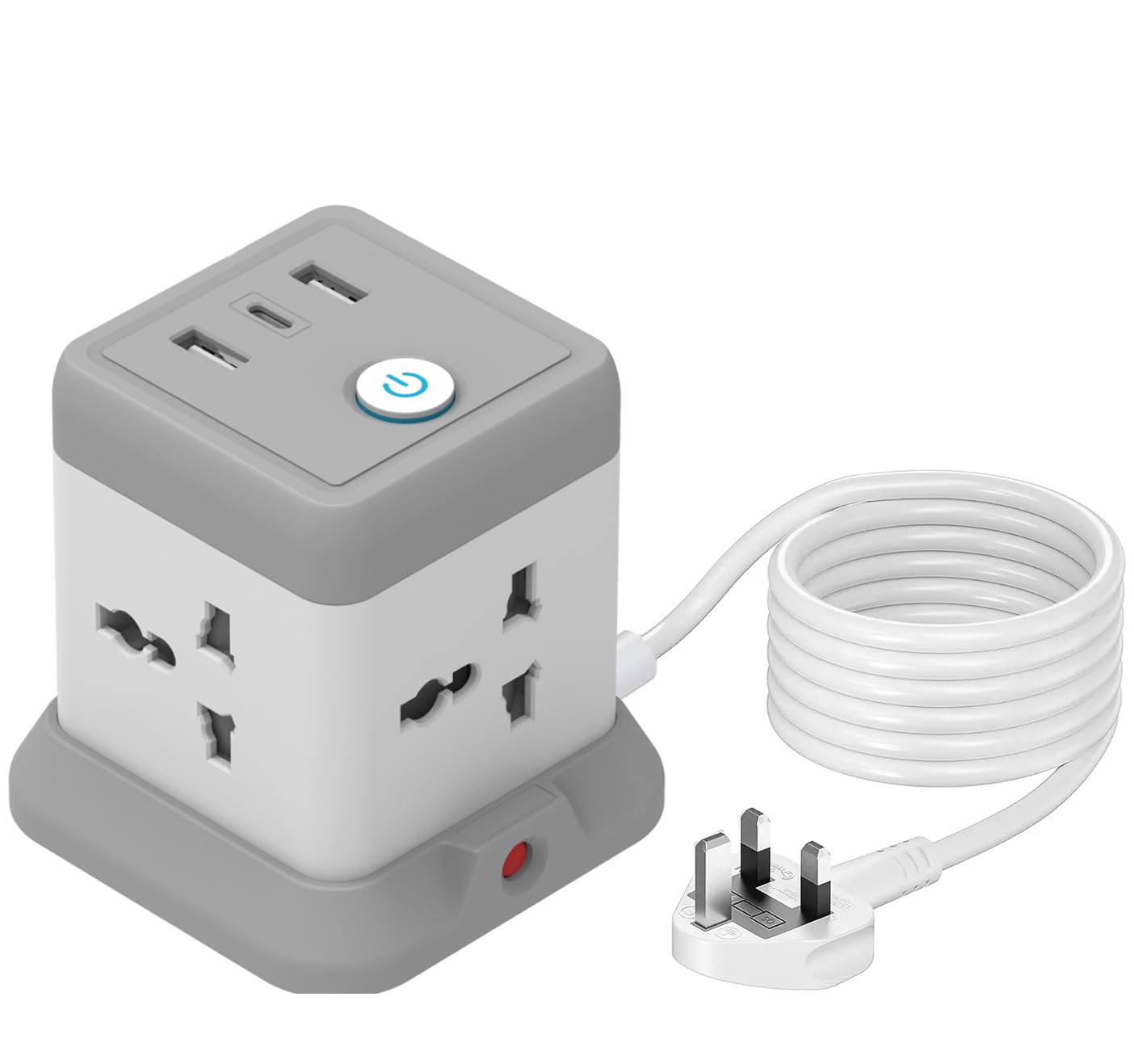 Tycom Power Strip Surge Protector with USB + Type C, Extension Cord Flat Plug with Widely 4 AC Outlet and 2 USB 1 Type C, Small Desktop Station, Compact Socket for Multi Places - Grey and White.