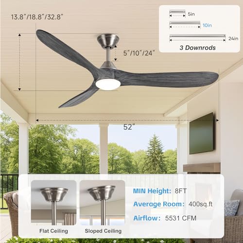 Image of 52 inch Ceiling Fan with Light, Outdoor Ceiling Fans for Patios 3 Blade Dimmable Solid Wood Ceiling Fan with Lights, Farmhouse Propeller Ceiling Fans for Indoor, Porch, Exterior, DC Motor