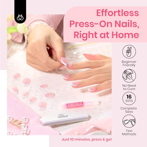 Image of Beetles French Tip Press On Nails - Medium Almond 60pcs 15 Sizes | White French Tips Pink Fake Nails with Nail Glue, Quick & Easy Nail Salon Manicure Gift for Women, All-in-One Complete Kit