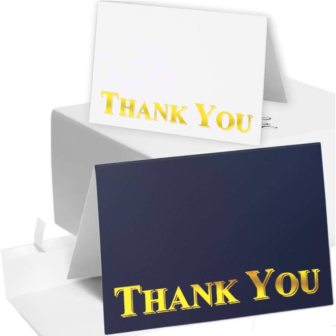 100 Thank You Cards Bulk - Thank You Notes With Peel and Seal Envelopes – Navy Blue, White, Gold Foil - Perfect For Business, Wedding, Funeral, Baby and Bridal Shower