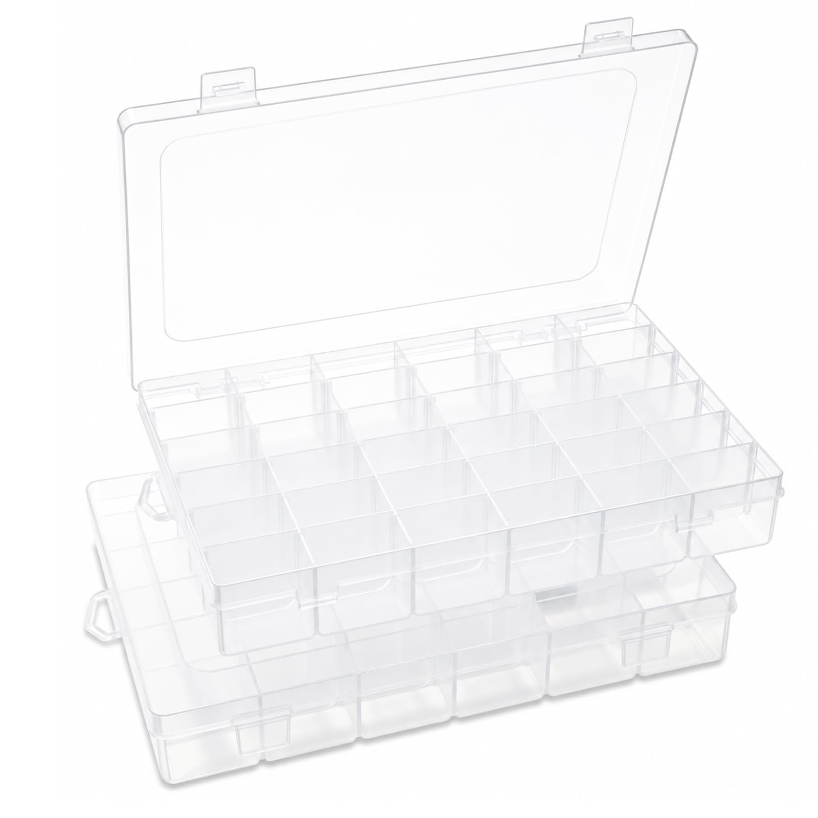 ECBEITF 2 Pcs 36 Grids Clear Plastic Storage Box with Adjustable Dividers, Double Buckle Stackable 36 Compartments Organiser Box Container for Accessories Beads Jewelry
