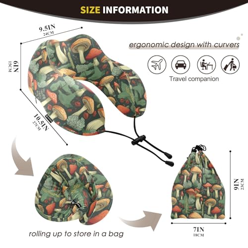 Image of ALAZA Mushrooms Green Leaves Travel Neck Pillow Memory Foam Neck Pillow with Storage Bag,Soft Travel Pillow for Sleeping Travel Airplane Car Office Home