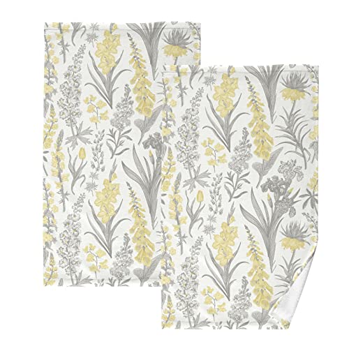 Jucciaco Vintage Yellow and Gray Flowers Towels for Bathroom Kitchen Spa Sports, Cotton Hand Towels Set of 2, 16x28 inch