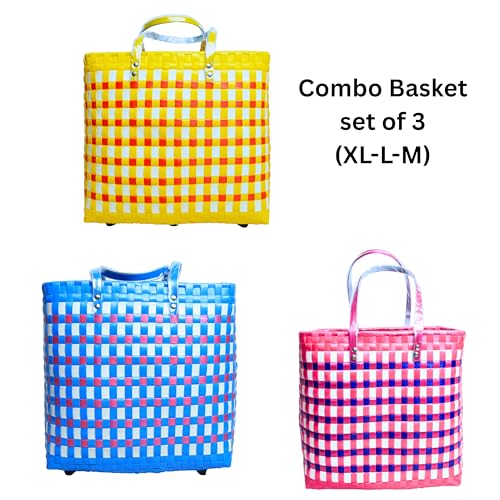 Image of Hand Made Multipurpose Plastic Basket with Lid | Eco-Friendly, Washable, Rust-Free Storage Basket for Kitchen, Picnic, Toys, Travel, Office | Lightweight | Polypropylene | COMBO 3, SET of 3 (XL-L-M)