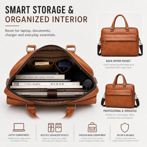 Image of Men's Leather Laptop Bag 15 IN, Water-Resistant Briefcase Messenger Bag for Work, Business, Shoulder Crossbody Office Satchel
