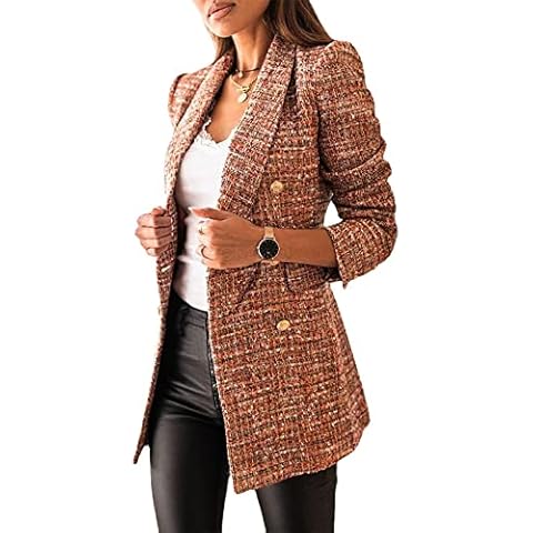 Women's Suit Jacket Fashion Business Casual Jacket Suit Plus Size Print Jacket Suit Lapel Long Sleeve Office Double-Breasted Formal wear (Brown,M) Cover
