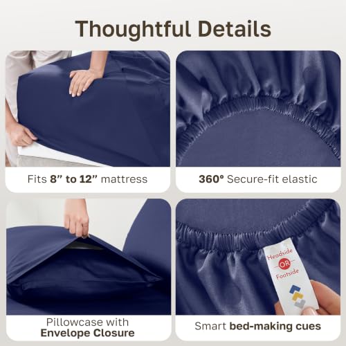 Image of California Design Den Twin Bed Sheets Set - Natural 100% Cotton Sheets with 12 inch Pockets, Soft Sateen Weave, Breathable and Durable Bedding Set for Dorm Rooms, College (Navy Blue)