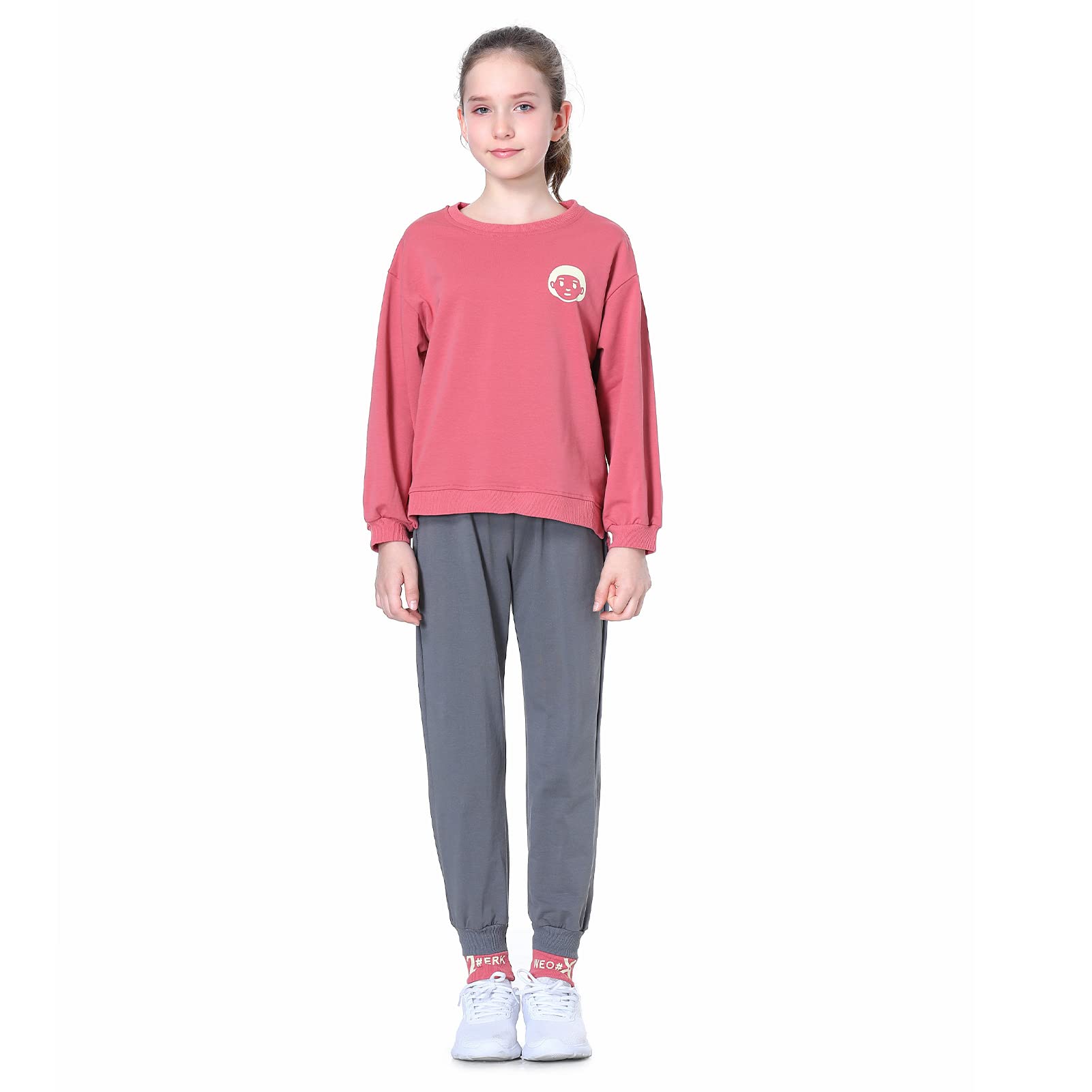 LPATTERN Niñas Chándal Estampado Traje Deportivo 2 Piezas Traje de Jogging Sudadera + Pantalones,Rojo Ladrillo,10-11 años