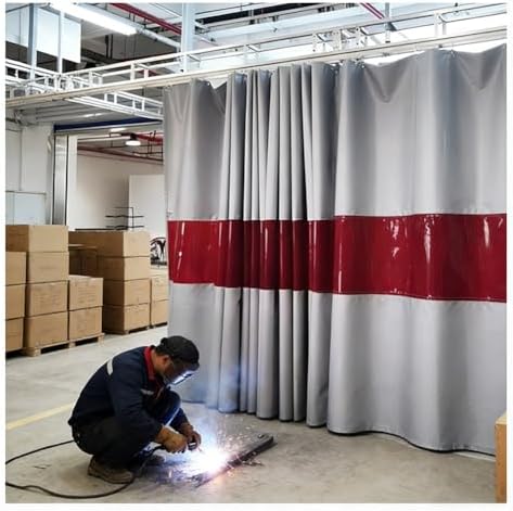 Fireproof Welding Blanket Roll Width Waterproof Silicone Coating Flame Retardant Wear Resistant Tarpaulin for Equipment,Industrial Welding Door Curtains with Red Viewing Windows, Garage Divi