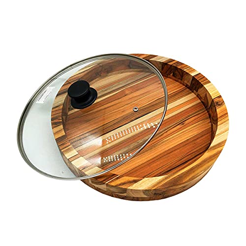 Gamela De Madeira Teca Redonda Com Tampa De Vidro Premium 36,5cm Grande Porções Petiscos