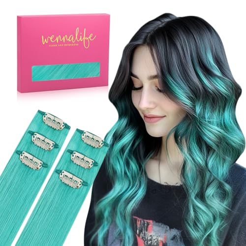 WENNALIFE Teal Green Clip in Hair Extensions Real Human Hair 35g 6pcs 14 Inch Colored Hair Extensions for Kids Women Colorful Hair Pieces Pop-up Style Straight Extensiones De Cabello Humano Con Clip
