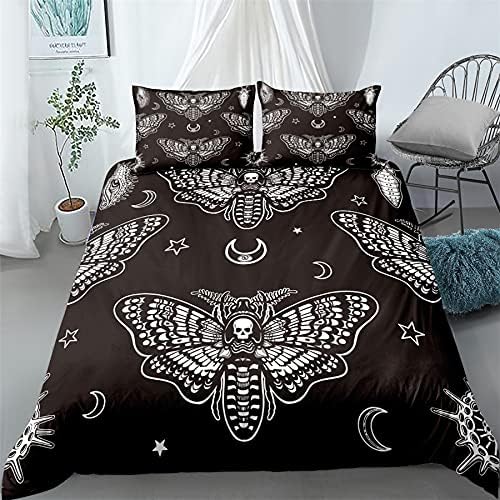 PTNQAZ Black Death Moth Skull Bedding Set Gothic 3D Printed Moon Stars Single Duvet Covers Sets With Pillowcases Bed Linen Quilt Covers Home Textile (Single,Black)