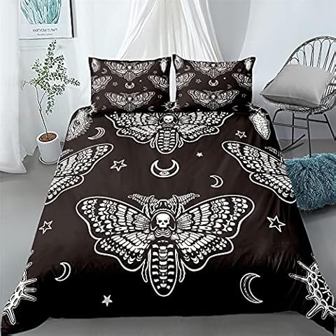 PTNQAZ Black Death Moth Skull Bedding Set Gothic 3D Printed Butterfly Moon Stars Duvet Covers Sets With Pillowcases Bed Linen Quilt Covers Home Textile (Single,Black) Cover