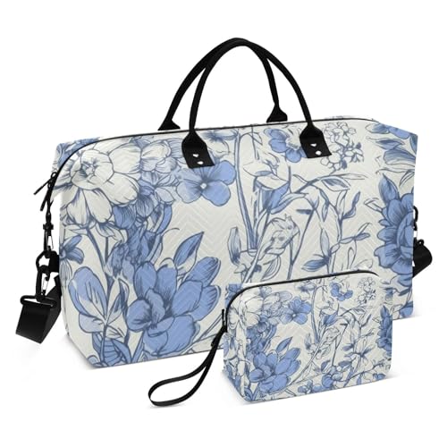 Large Travel Duffel Bag, Blue White Flower Sports Tote Gym Bag, Shoulder Weekender Overnight Bag for Women Men, Carry On Luggage with Toiletry Bags