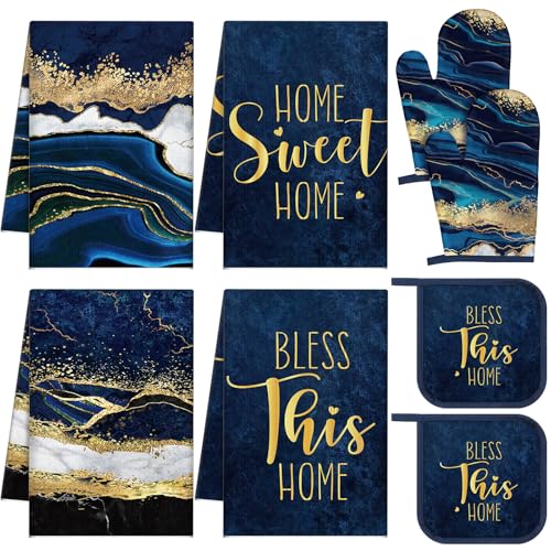 Leinuosen 8 Pcs Blue Marble Kitchen Decor Dish Towels and Oven Mitts Sets Pot Holders and Dishcloths Farmhouse Kitchen Accessories Decorative Set for Chef Baking Cooking Daughter Mom Gift