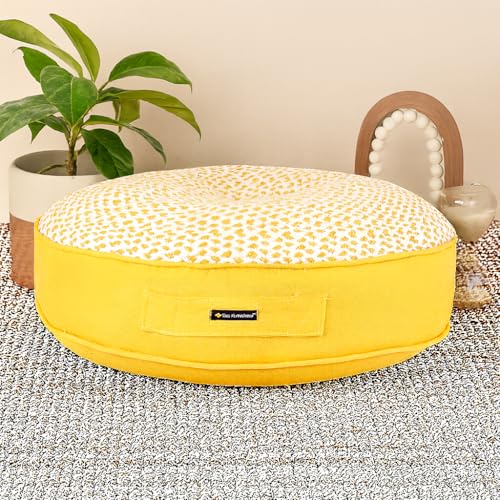 Image of Reversible 50x50x10 cm Woven Quilted Yellow Floor Cushion with Cotton Filler for Seating, Patio Seat, Meditation, Yoga, Pooja, Guests, Living Room, Bedroom, Large Size 20x20x4 Inch
