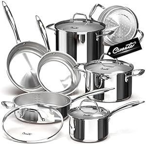 Tri-Ply Stainless Steel Pots and Pans Set 11-PC, 18/10 Stainless Steel Induction Cookware Set with Steamer Insert, Kitchen Cookware Sets with Stay Cool Ergonomic Handles, Dishwasher, Oven Safe