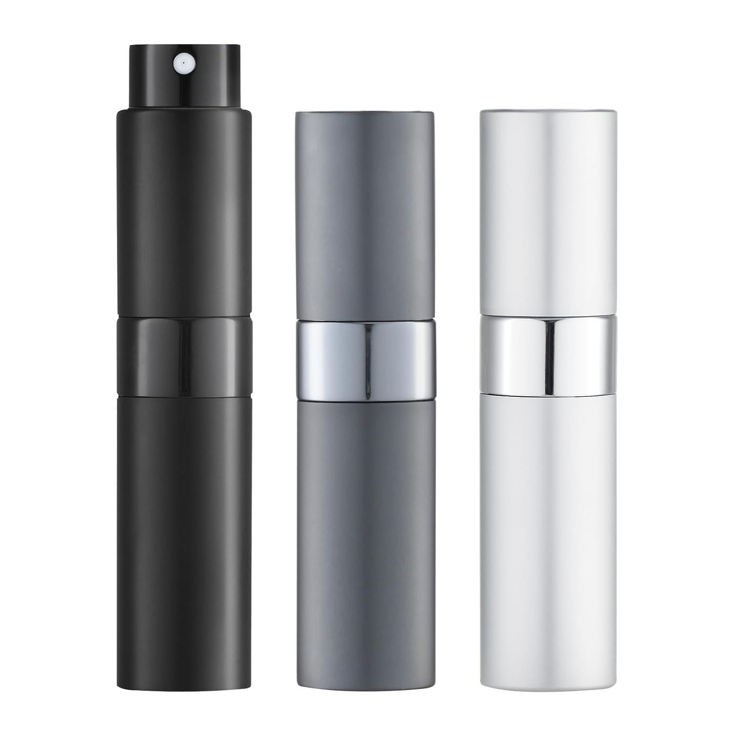 Toureal Atomizer do Perfum 8 ml, 3 Sztuki, Podróżny Aluminiowy Flakonik na Perfumy, Wielokrotnego Napełniania, Mini Rozpylacz do Torebki, Kosmetyczki i Podróży, Czarny Grafitowy Srebrny