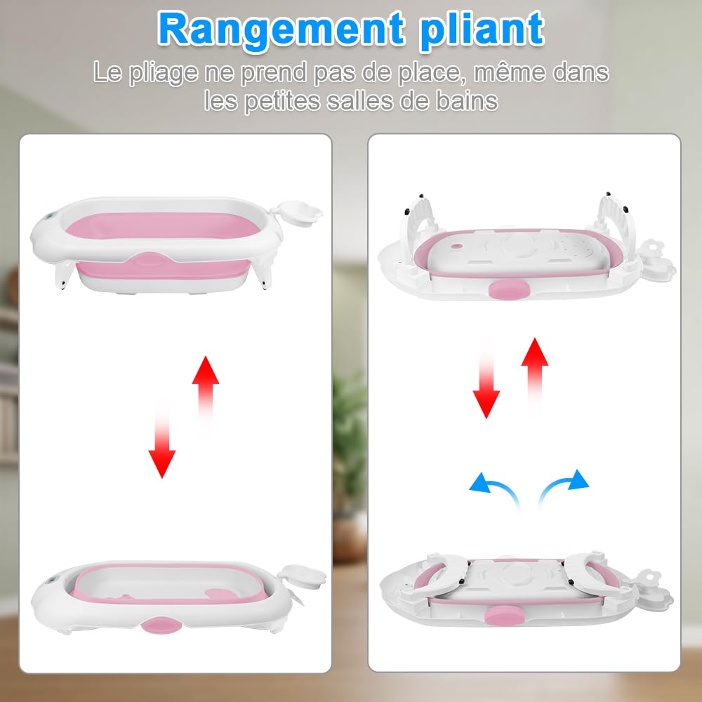 Homewell - Bañera para bebé plegable con cojín de baño para bebé y termómetro integrado, viaje, cuenca para bebé, bañera infantil, regalo de nacimiento, 97 x 52 x 24 cm (rosa)
