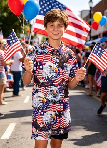 Image of UNICOMIDEA Boys 4th of July Outfits Kids Patriotic Independence Day Tropical Short Sets for 5-12 Years