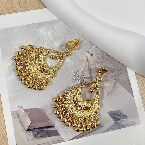 Vintage Indian Jhumka Jhumki Statement Clip On Earring Boho Ethnic for Women Bollywood Traditional Gypsy Bohemian Gold-tone Small Balls Tassel Dangle Drop Festival Holiday Party Non Pierced Ears Jewelry4