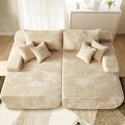 Image of HOOOWOOO Chaise Lounging Sleeping Couch, 81x67 Assembly Free Modern Minimalist Sofa, Extra Deep Large Sofa Set, Free Standing Floor Couch in A Box for Living Room (Beige Velvet Upholstered)