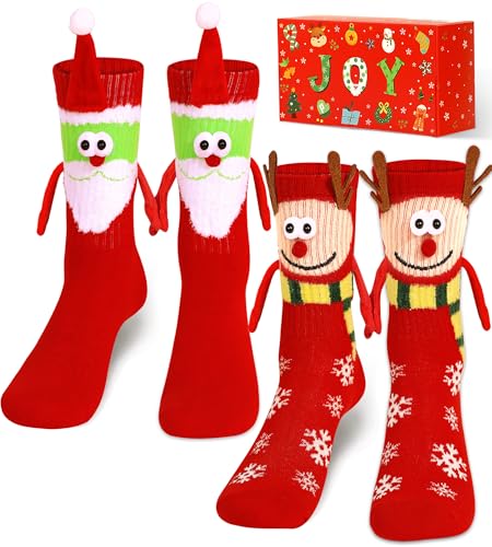 U-Goforst 2 Pairs Magnetic Christmas Socks Funny Hand Holding Design Christmas Stocking Stuffers Secret Santa Gag Gifts for Women Men Couples Friends
