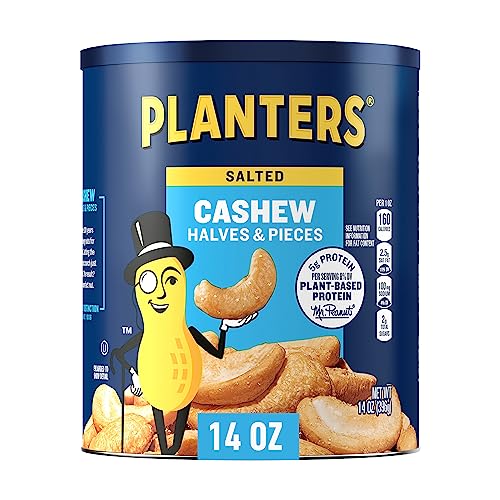PLANTERS Salted Cashew Halves & Pieces, Party Snacks, Plant-Based Protein, 14 Oz Canister