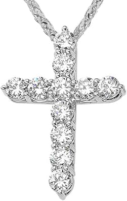 Religious Jewelry Elegant 10k White Gold 1-12 Carat CZ Cross Pendant Necklace Sizes XS-XL with Wheat Chain