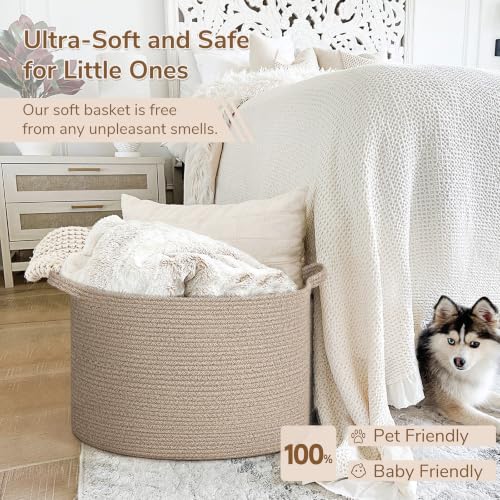 Image of INDRESSME Large Blanket Basket Woven Cotton Rope Basket 65L with Handles, Toy Storage Basket for Living Room Bedroom Nursery, Laundry Hamper for Clothes Towels, Wicker Blanket Home Decor Brown