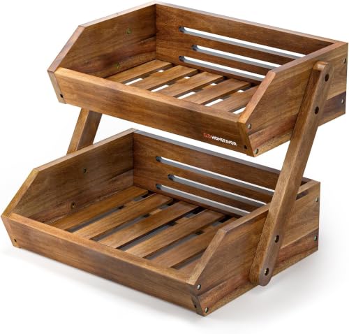 Image of G.A. HOMEFAVOR Acacia Wood Fruit Basket, 2 Tier Fruit Bowl for Kitchen, Stand Storage Holder