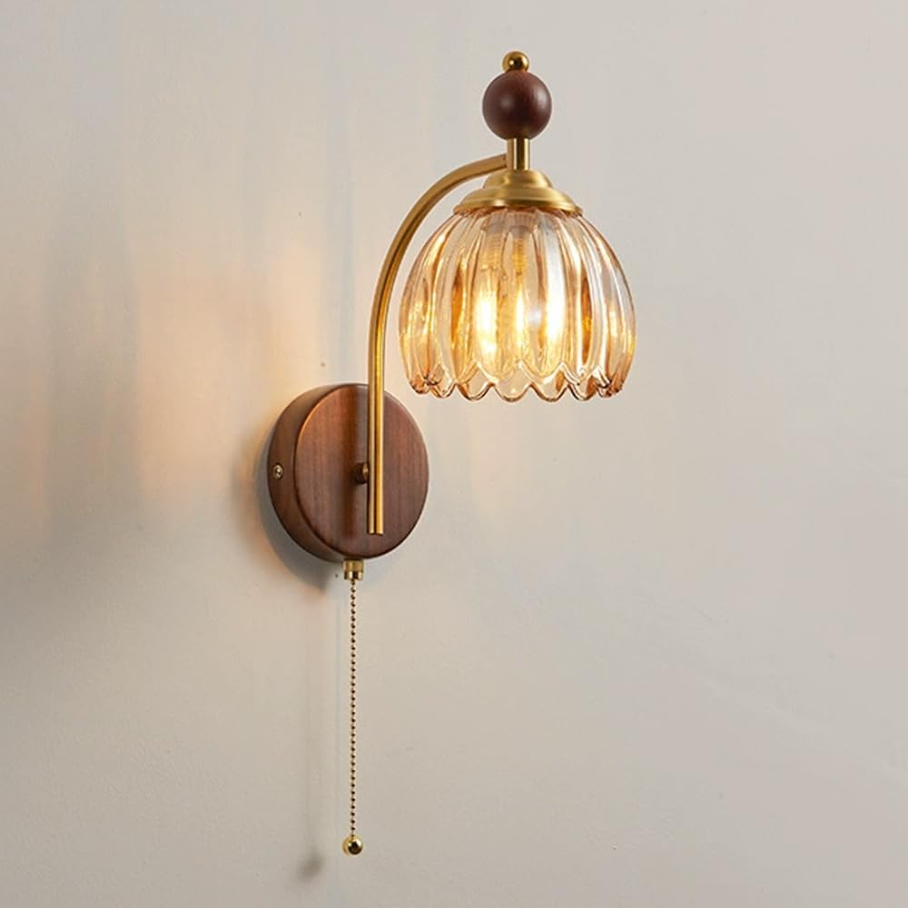HYJAUSXB Wooden Wall Sconce 1 Light Vintage Industrial Retro Fixture, Bathroom Vanity Lights with Pull Switch, Lamps for Bedroom Kitchen Hallway Porch, Amber Glass Shades
