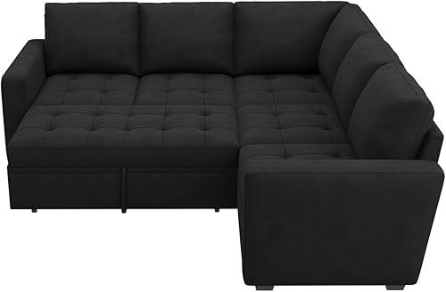 Miniatura 7 de HONBAY Sofá cama modular modular con cama extraíble, sofá convertible en forma de L de terciopelo con asiento de almacenamiento, sofás seccionales