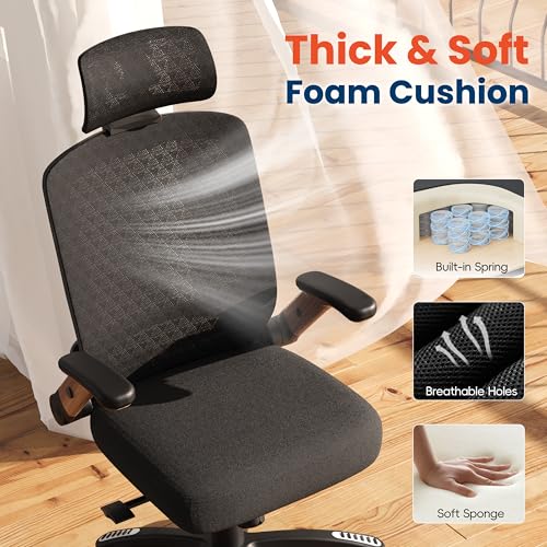 Image of GABRYLLY Ergonomic Office Chair, High Back Home Desk Chair with Flip-Up Arms, 3D Headrest, Thick Sponge Seat &90-120 Recline, Big and Tall Mesh Executive Chairs for Man Woman, Black Woodgrain