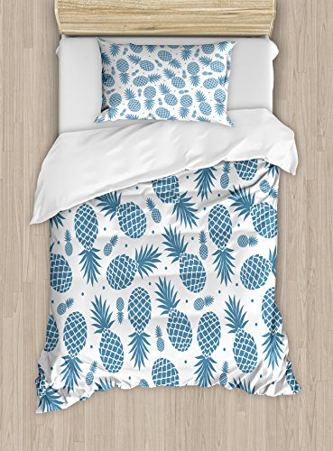 Ambesonne Pineapple Duvet Cover Set, Island Themed Minimalistic Multi-Sized Tropic Fruity Pineapple Printed Vintage, Decorative 2 Piece Bedding Set with 1 Pillow Sham, Twin Size, Gray Blue