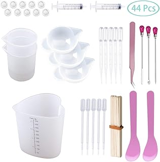 WANDIC シリコーン樹脂ツール, 44のPC 樹脂モールドツールセット 計量カップ付き, ピペットを落とす, スターラー と指サック DIYレジンクラフト用