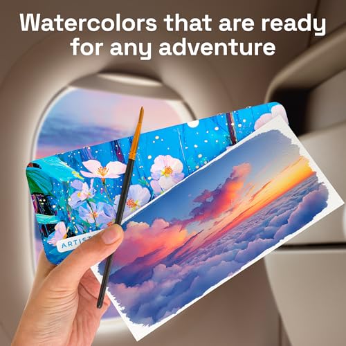 Image of ARTISTRO 100 Color Watercolor Paint Set - Portable Paint Art Kit in Blue Floral Metal Case with Palette and Brush Pens - Travel Water Color Set for Adults, Professionals and Amateurs