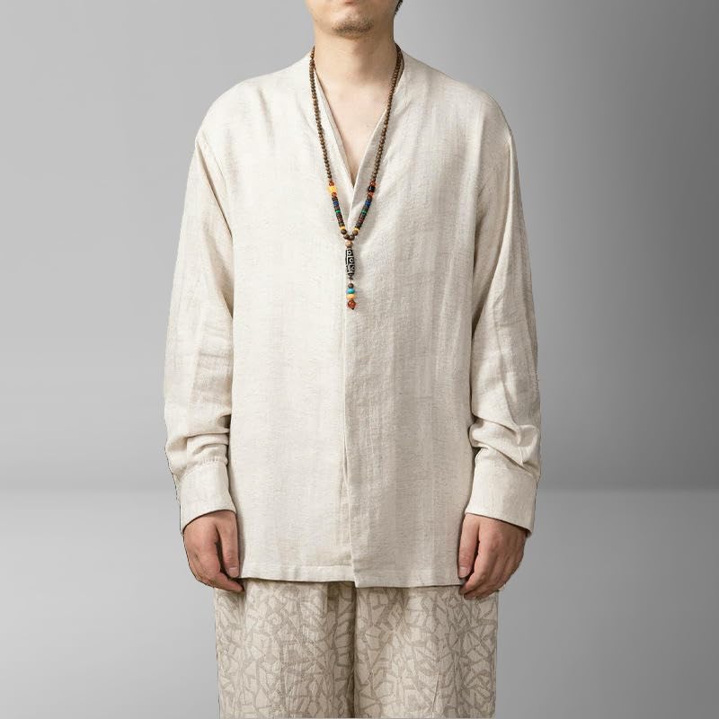 Chemise style chinois hommes automne coton lin rétro - 5