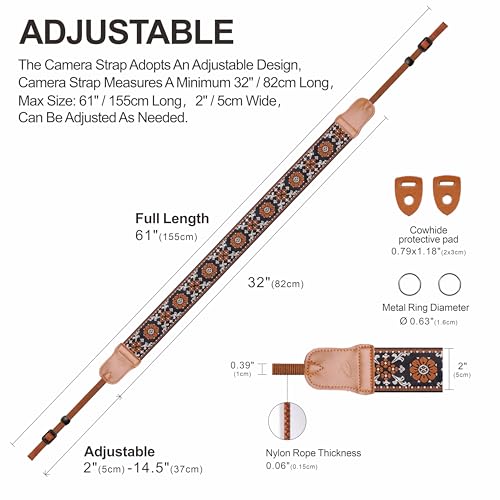 Image of Padwa Lifestyle Brown Flower Camera Strap - 2 inch Wide Double Layer Cowhide Head Cotton Strap,Vintage Jacquard Embroidery Universal Neck & Shoulder Camera Straps for Photographers and All DSLR Cameras
