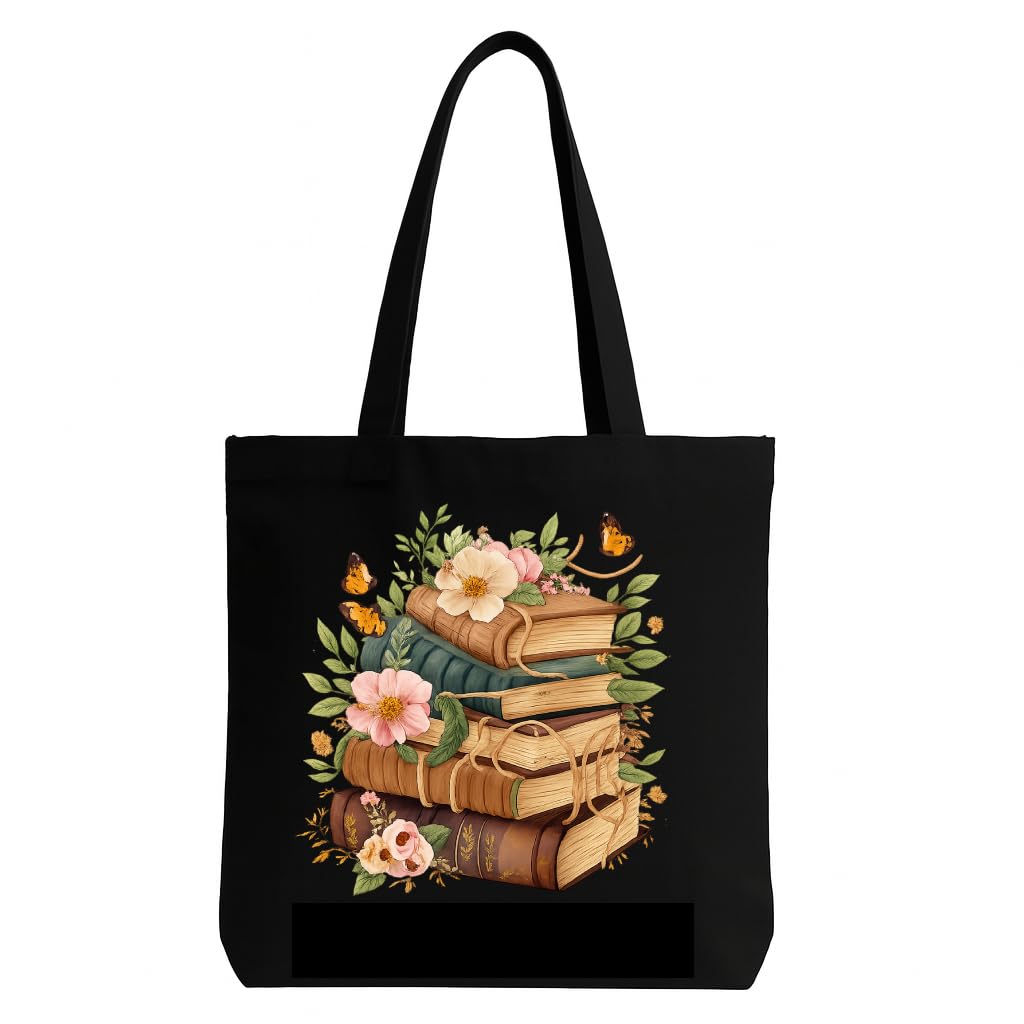 Black Canvas Tote Bag with Vintage Books, Floral & Butterfly Print | Reusable Shoulder Bag for Women | Shopping, College, Office & Daily Use-image-46