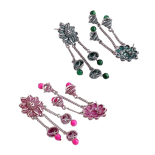 Image of Yellow Chimes Earrings for Women and Girls Traditional Silver Oxidised Jhumka German Silver Earring Set Dome Shaped Dangler Jhumki Earrings Combo | Birthday Gift For Girls and Women