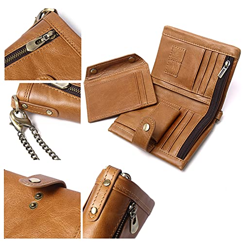 Leather Men Wallet with Anti-Theft Chain,Genuine Leather RFID Bifold Wallets Multifunctional Card Holder Minimalist Purse Zipper Coin Pocket with ID Window (Brown)3