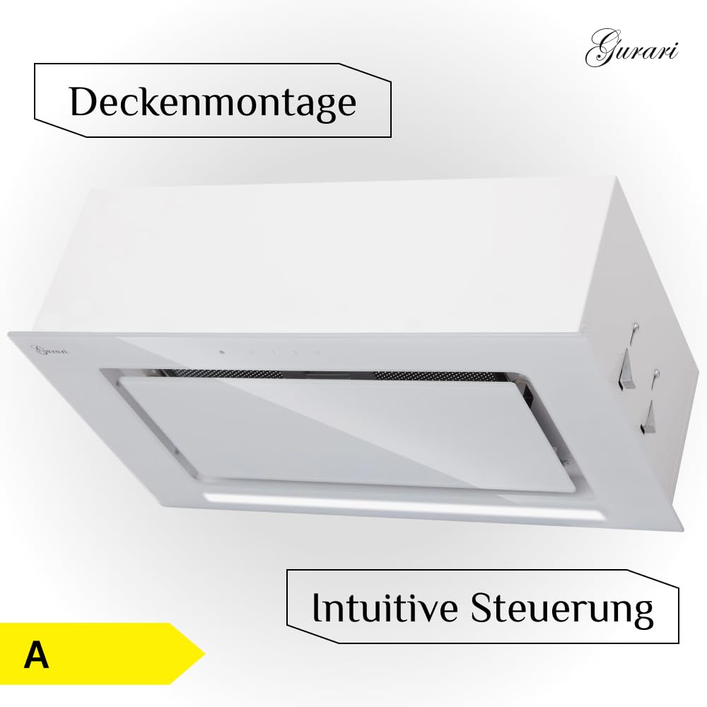 Gurari Cappa Integrata 70 cm GCH E 217 WH 70, Bianco Vetro, Aspirazione 1000 m³/h, LED, Touch Control + Telecomando, 3 Velocità, Incasso o Soffitto