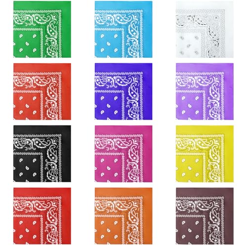 12-Pack Paisley Cotton Bandanas - Multi-Use Square Scarf for Outdoor Activities, Headwear & Fashion Accessories (21x21 Inch)