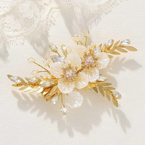 Pinza para cabello dorada con flores y cristales miniatura 1