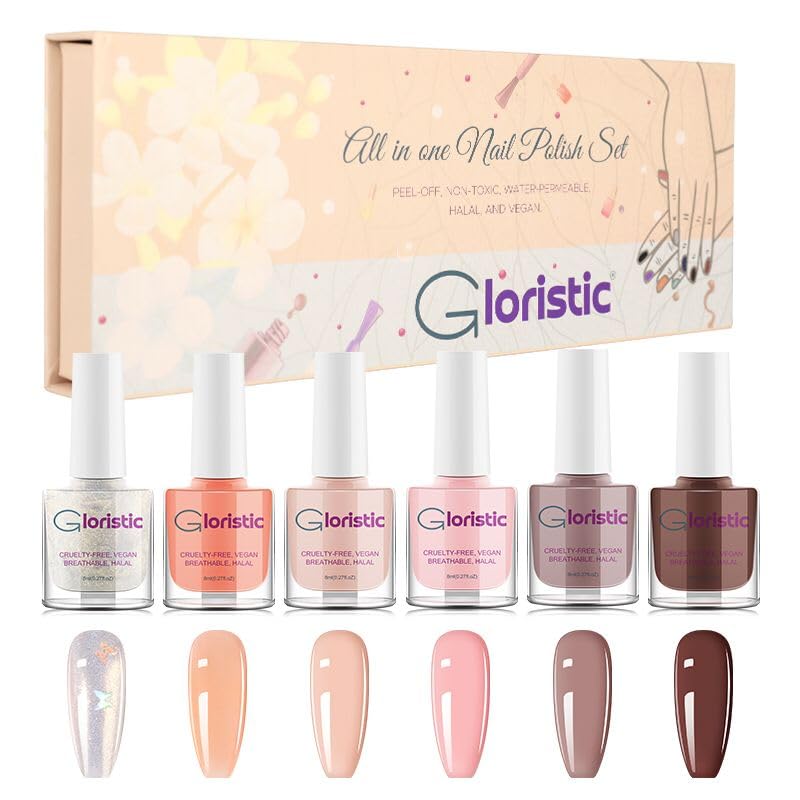 Gloristic Juego de 6 esmaltes de uñas  Pelar  Vegano  No tóxico  Halal  Agua pasa  Seguro para Wudu  Seguro para ducha (juego 5)