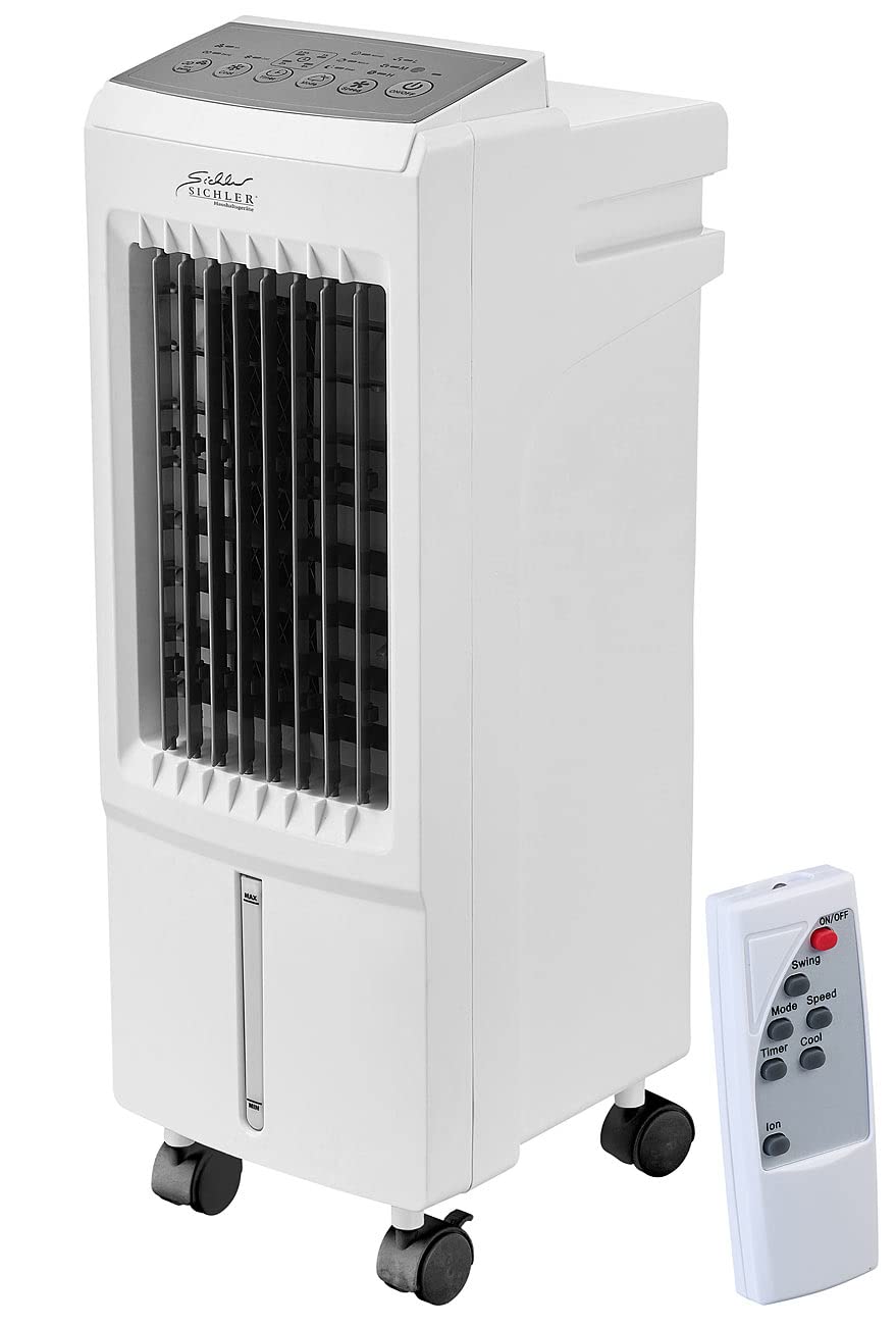 Sichler Haushaltsgeräte Verdunstungs Luftkühler: 3in1-Luftkühler, Luftbefeuchter, Ionisator, 12/230V, 5l, 20W, 250ml/h (mit Wasserkühlung, Klimaanlage Zigarettenanzünder, 12V)