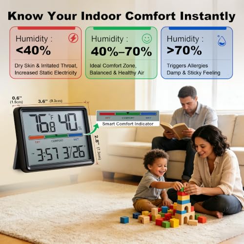 Digital Hygrometer, Indoor Thermometer with Clock & Humidity - Black - Image 2