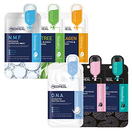 MEDIHEAL Sheet Mask Heroes, NMF, Tea Tree, Collagen, WHP, DNA, HDP, 6 Variety Pack
