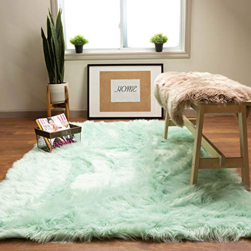 Super Area Rugs Soft Faux Sheepskin Fur Fluffy Area Rug, Mint Green, 4